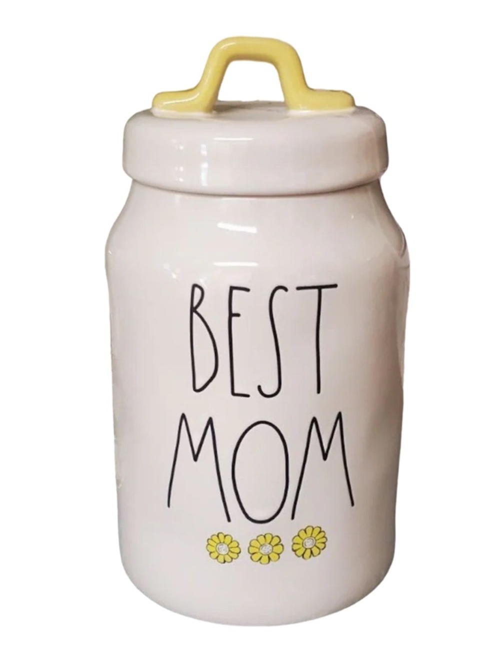 Rae Dunn White Ceramic "BEST MOM" Canister with Yellow Accents
